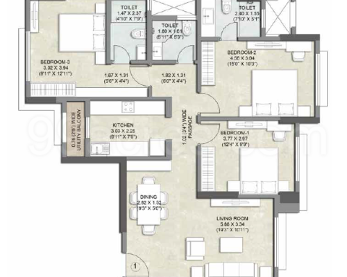 3 Bed - 992sq ft